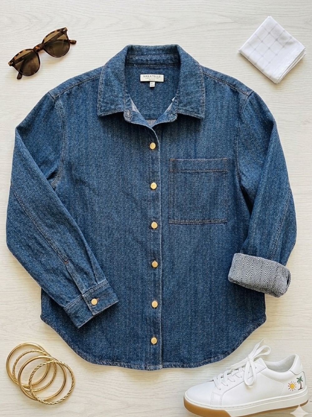 Bagatelle Denim Herringbone Shacket Jacket Blue Textured Gold Button Cotton L